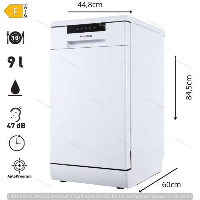 Zmywarka Wolnostojąca 45cm 6 Programów 10kompl. Philco Aquastop.png